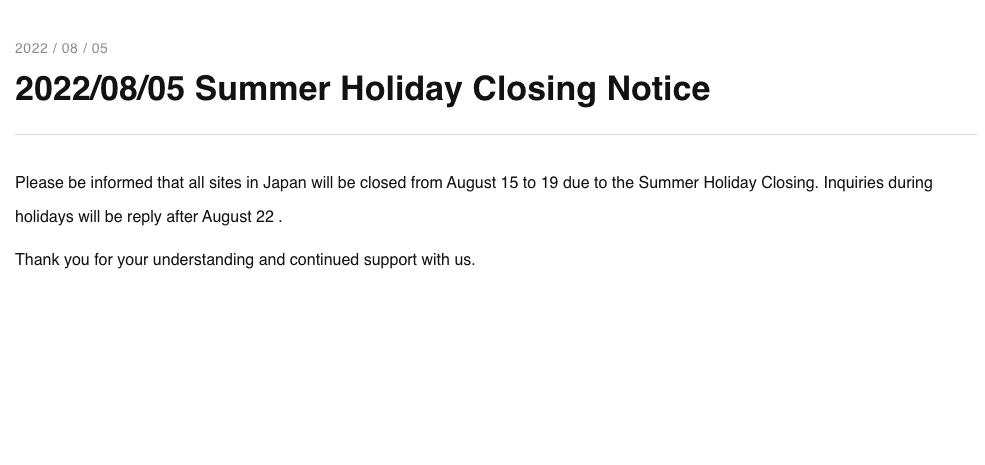 2022/08/05 Summer Holiday Closing Notice