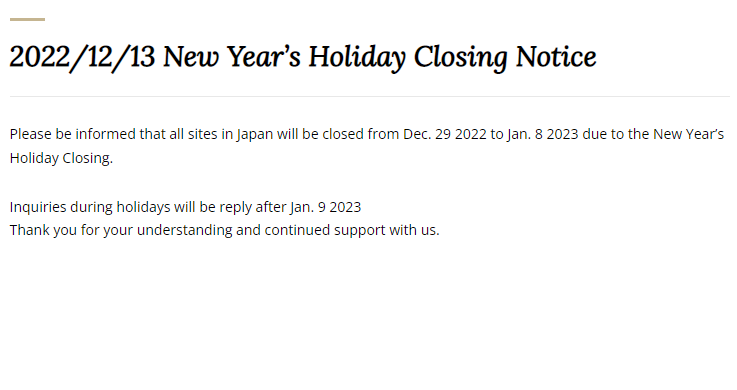 New Year’s Holiday Closing Notice