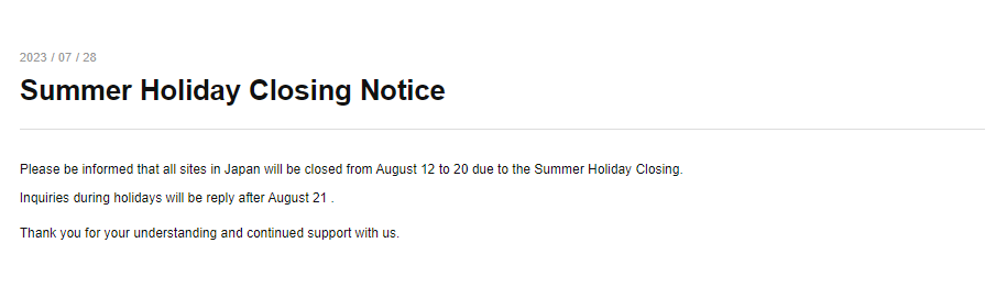 Summer Holiday Closing Notice